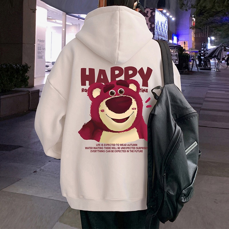Áo Khoác hoodie Tay Dài Dáng Rộng In Hình Gấu Và Dâu Tây Thời Trang Xuân Thu Cho Nam Và Nữ