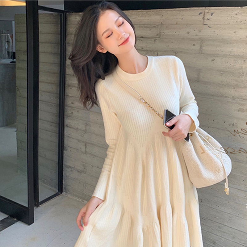 SUXI Đầm Dệt Kim Tay Dài Cổ Tròn Thiết Kế Đơn Giản Thời Trang Mùa Thu Cho Nữ