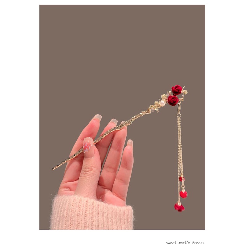 Trâm Cài Tóc Hình Hoa Hồng Phối Tua Rua Phong Cách Cổ Điển Cho Cô Dâu