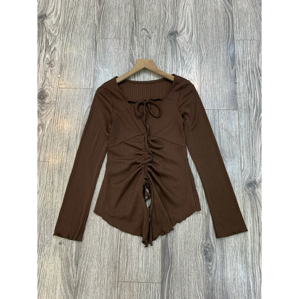 Áo thun gân tăm xẻ giữa rút dây viền xoè A2865 SUSSTORE