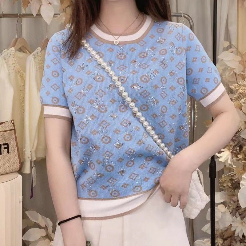 Áo Thun Dệt Kim Tay Ngắn Cổ Tròn In Chữ Đính Đá Thời Trang Xuân Hè Phong Cách vintage Cho Nữ