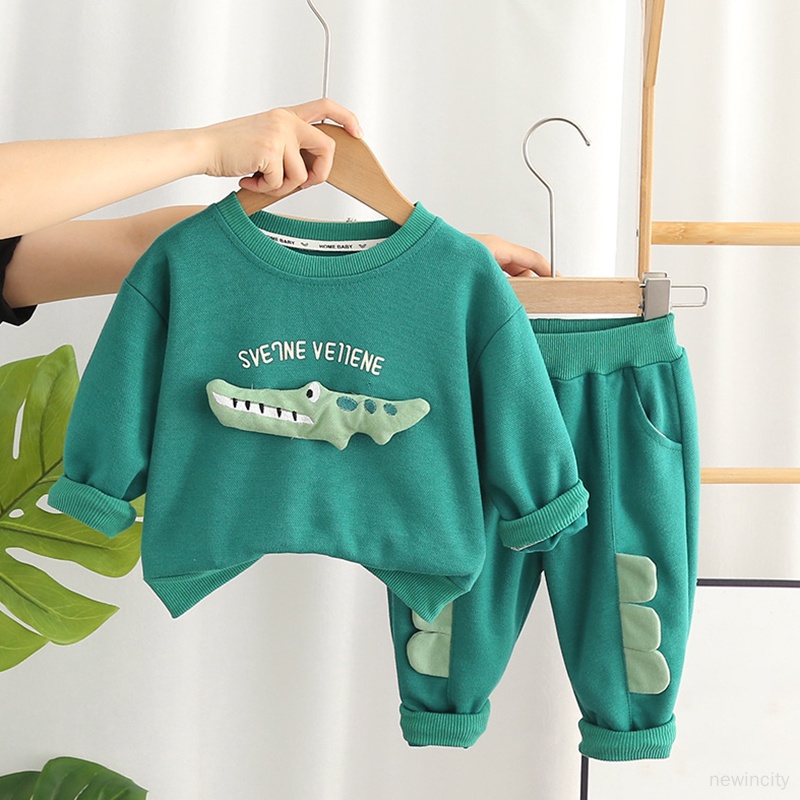 Set Áo Hoodie In Hình Cá Sấu Hoạt Hình + Quần Dài Phong Cách Hàn Quốc Cho Bé