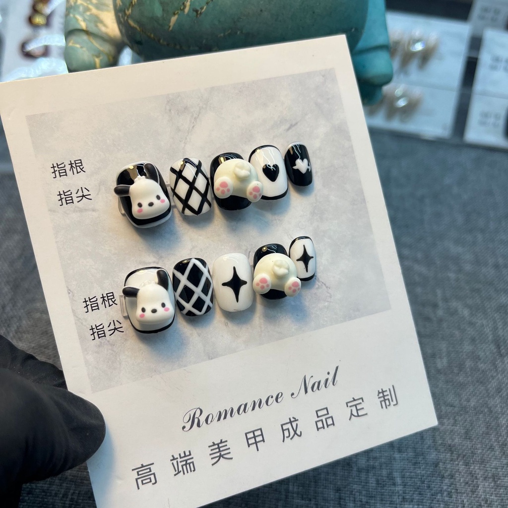 Móng Tay Giả Hình Chó pochacco Kẻ Sọc Caro Trắng Đen Có Thể Tái Sử Dụng Và Tháo Rời