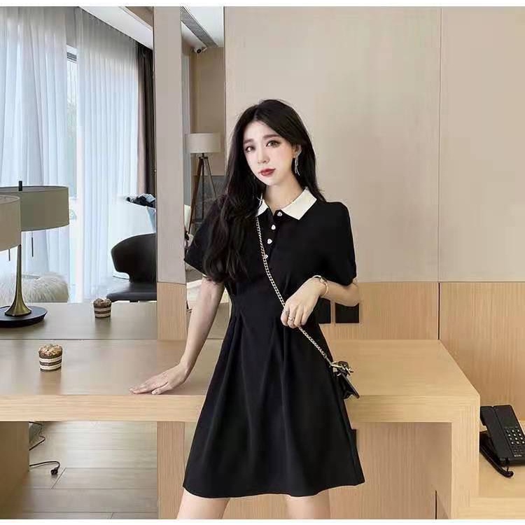 Váy Polo Nữ, Váy Cộc Tay, Váy Cổ Trắng, Váy Dáng Xòe, Váy Cúc Trái Tim