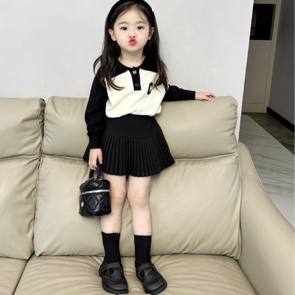 Bộ Áo Cổ Gập Chân Váy Xếp Ly cho bé Gái Phù hơp mùa thu