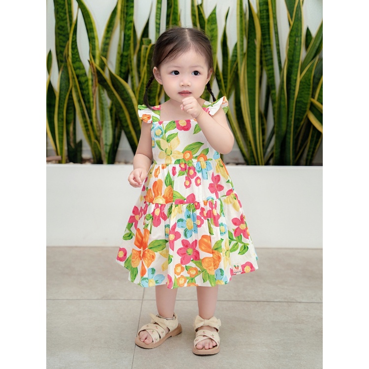 Váy Bé Gái CARROT Hai Dây Cánh Tiên, Họa Tiết Hoa Cam To, Chất Liệu Thô Cotton Thấm Hút Mồ Hôi Tốt