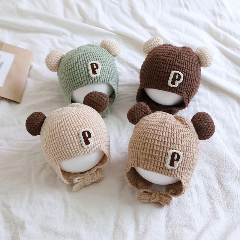 Mũ Len Dệt Kim Trùm Tai Gấu Siêu Dễ Thương Chống Gió Thời Trang Thu Đông Cho Bé