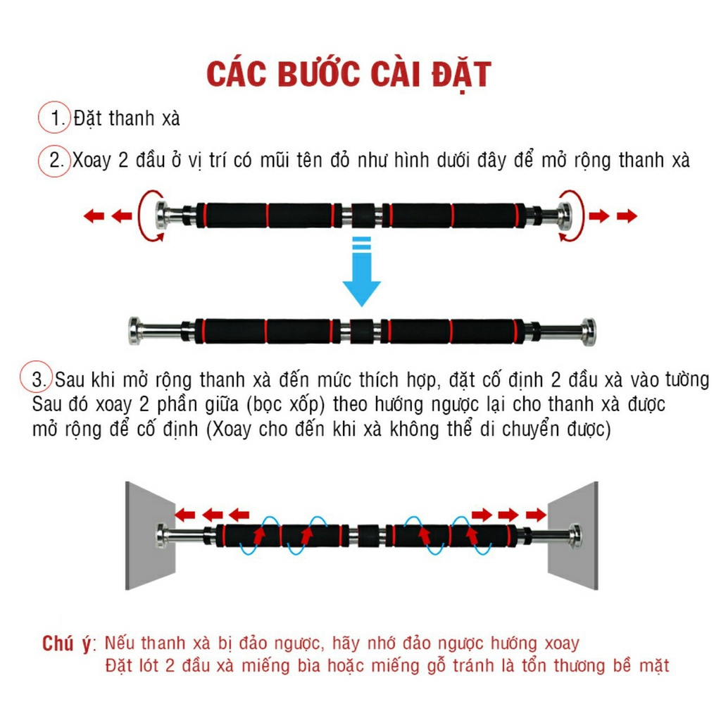 Thanh tập xà đơn treo tường gắn cửa nhiều cỡ từ 60-130cm tùy chỉnh phù hợp tập gym tại nhà tăng cơ bắp