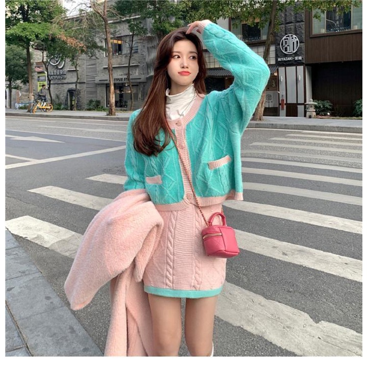 Bộ Áo Khoác cardigan + Áo Khoác Dệt Kim Màu Xanh Lá Thời Trang Mùa Xuân Cho Nữ