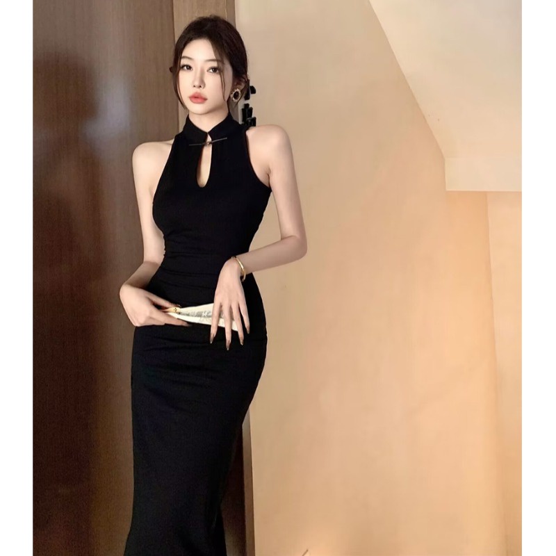 Đầm Sườn Xám Cách Tân Màu Đen Phong Cách Trung Hoa Thời Trang Mùa Hè Cho Nữ