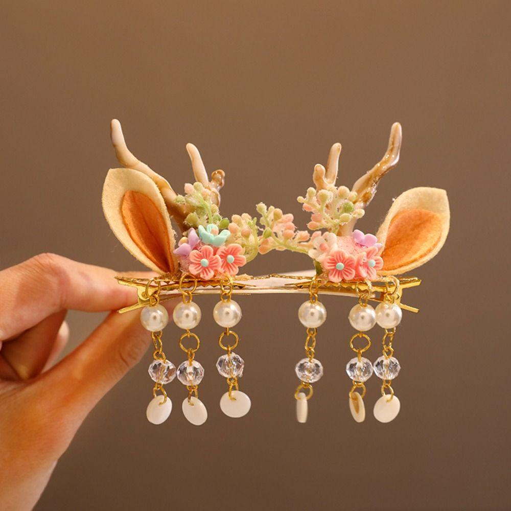 Moocho1 Kẹp Tóc Tua Rua Hình Sừng Hươu Hoa Phong Cách Cổ Điển Cho Bé Gái