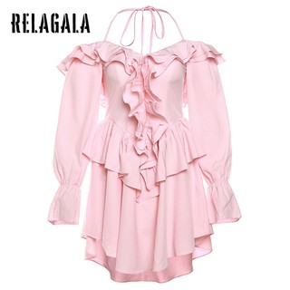 RelaGala Nữ Mới Dây Đeo Cổ Tắt Vai Tay Sừng Tính Khí Đầm Ôm