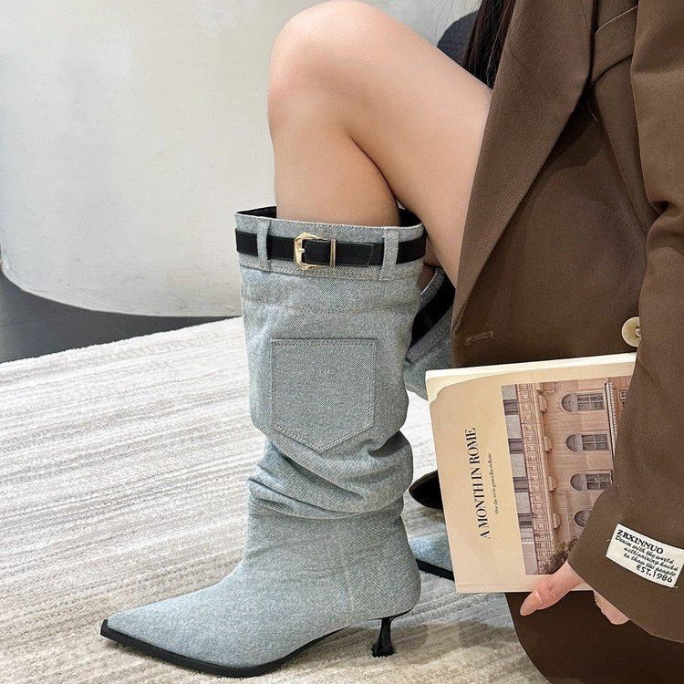 Giày Bốt Cao Gót Mũi Nhọn Chất Liệu denim size 35-40