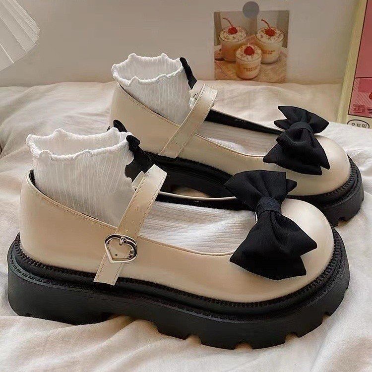 Giày búp bê da đế dày đính nơ to phong cách Nhật Bản thời trang hè 2023 cho nữ