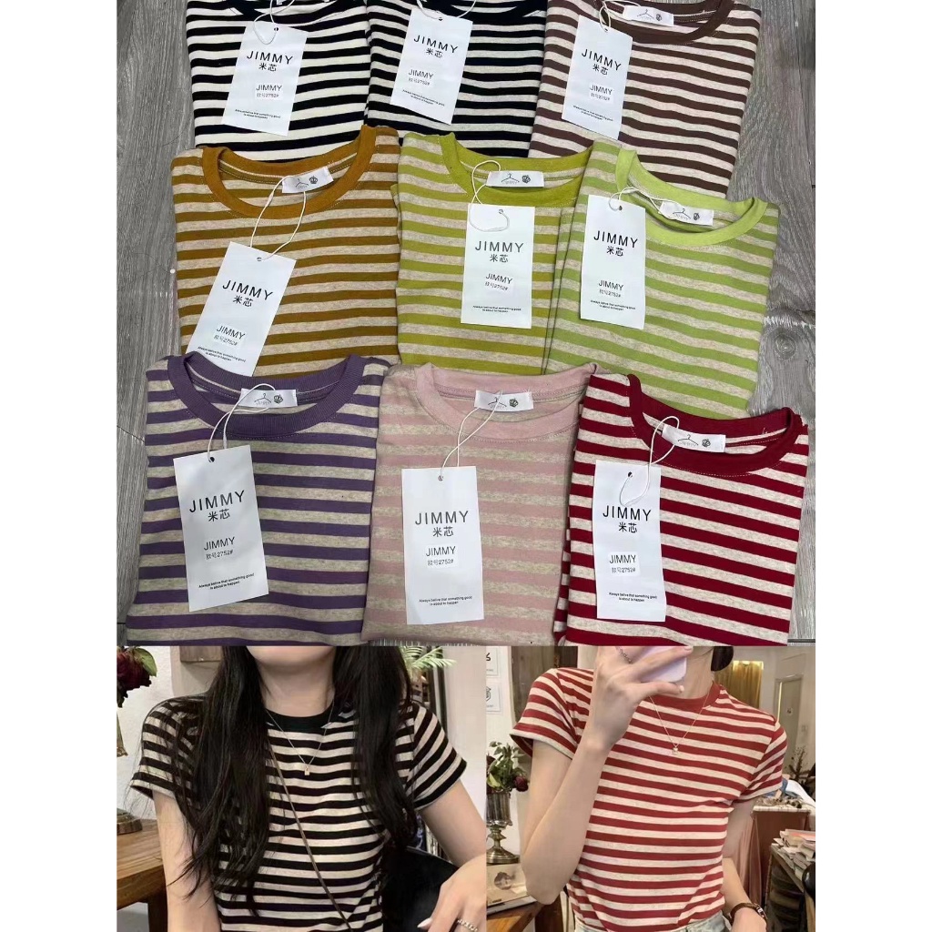 Áo thun nữ tay ngắn cổ tròn kẻ sọc hàng Quảng Châu chất cotton, áo phông mùa hè thời trang hàn quốc chất liệu mát 2752 5