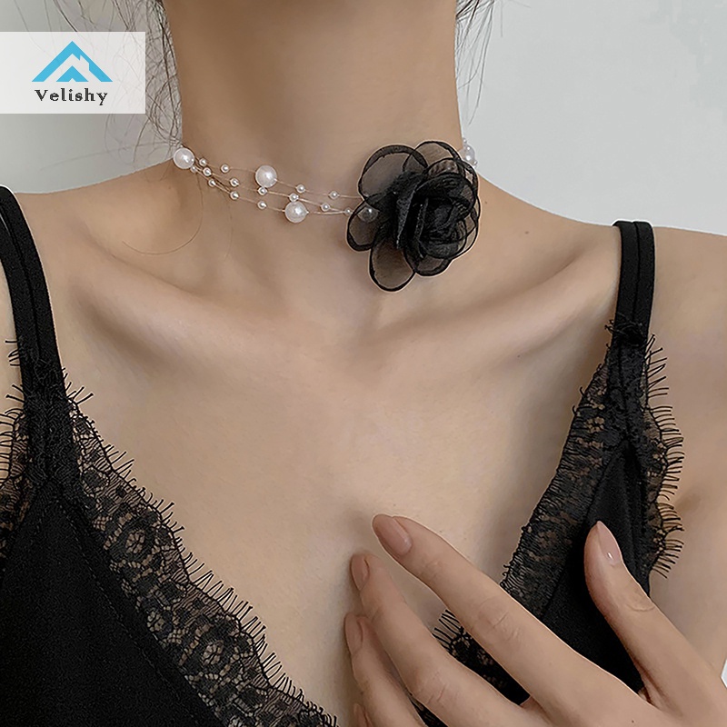 Velishy Vòng Cổ choker Đính Hoa Trà Và Ngọc Trai Lãng Mạn Cho Nữ