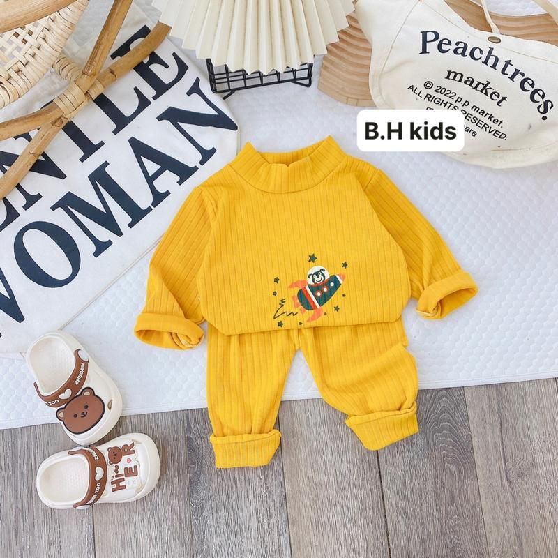 BỘ CỔ CAO IN GIỮA, bộ quần áo len tăm dày mềm, họa tiết cho bé trai, bé gái size 6-16kg