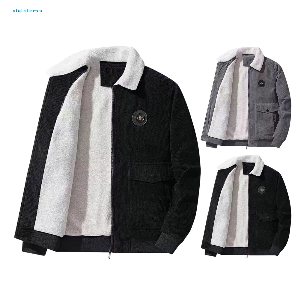Xi * Áo Khoác Mùa Đông Vải Nhung Kẻ Dày Có Túi Lót Lông Cừu Dày Có Khóa Kéo Ấm Áp Sành Điệu Cho Nam