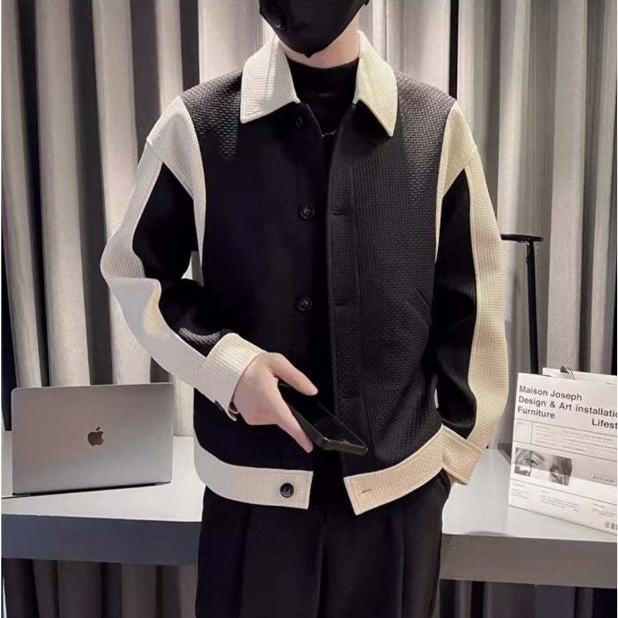 Áo khoác nam da pu cổ bẻ phối màu tương phản thời trang xuân thu chất lượng cao cho nam màu sắc Đen trắng tương thoải mái  màu sắc Đơn giản Áo khoác tay dài dáng rộng