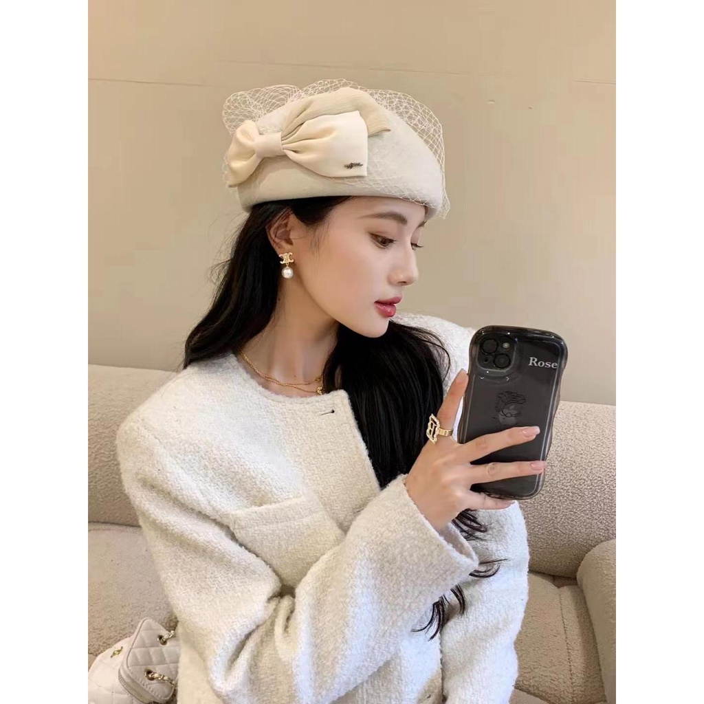 Mũ beret Phối Lưới Nơ Phong Cách Hàn Quốc Thời Trang Thu Đông Cho Nữ
