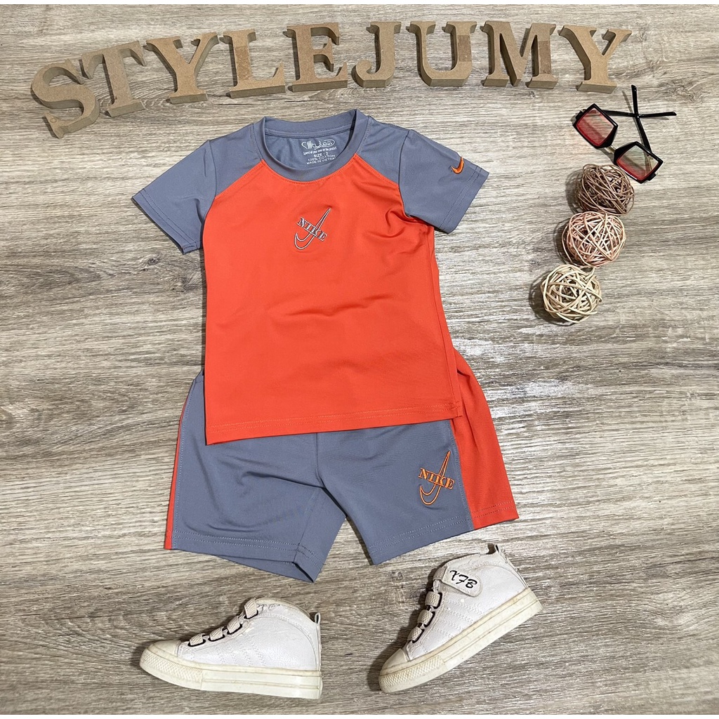 Size 1-12  - Bộ đồ bé trai thun lạnh thể thao có tay quần đùi thêu logo N-I-K-E  }