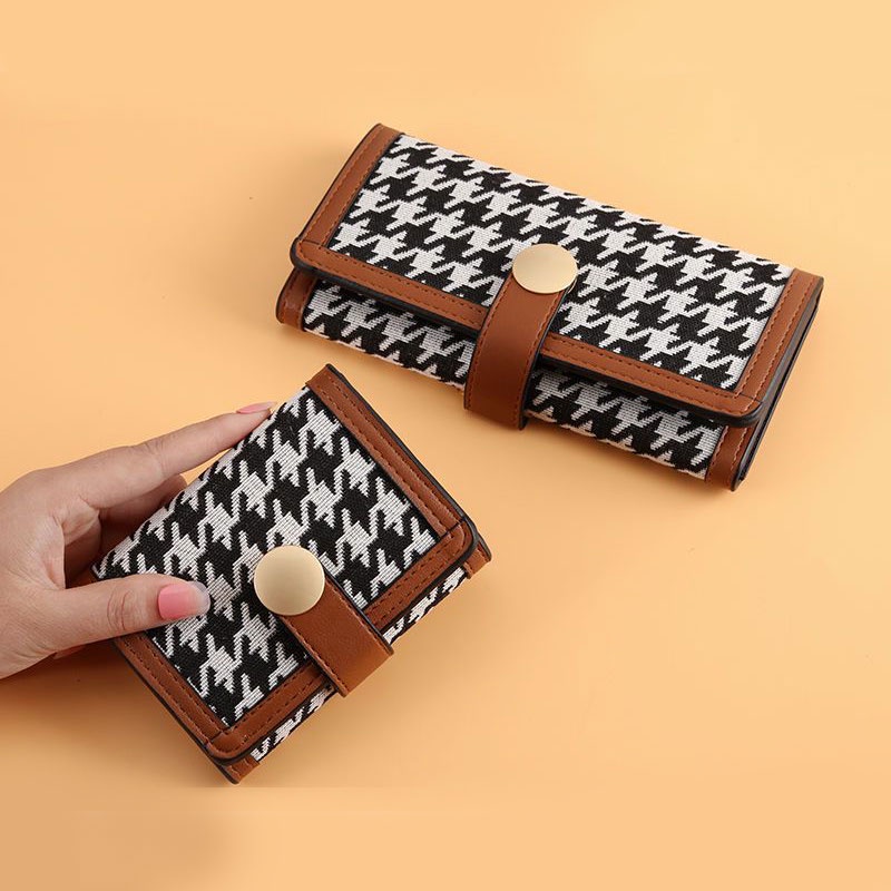 Ví dài CAIYUNYU gập ba đa năng dáng ngắn họa tiết houndstooth thời trang cho nữ