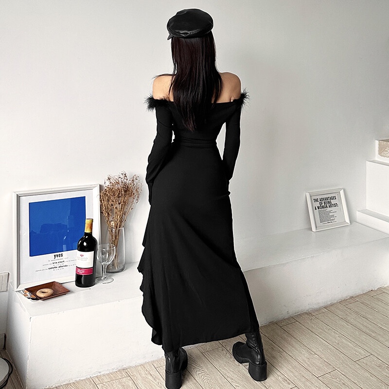 Weird Puss Đầm midi Tay Dài Hở Vai Dáng Ôm Gợi Cảm Phong Cách vintage Thanh Lịch Dành Cho Bạn Nữ