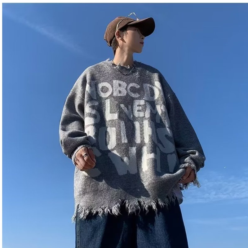 Áo sweater Dệt Kim Tay Dài Dáng Rộng In Chữ Kiểu Hồng Kông Thời Trang Thu Đông Cho Nam