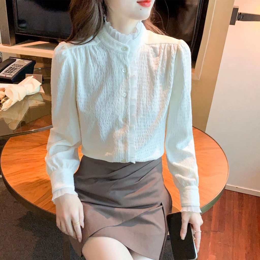 Áo Sơ Mi Tay Dài Cổ Ren Xếp Ly Màu Trơn Thời Trang Thu Đông
