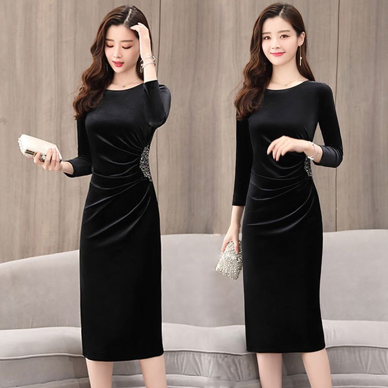 Đầm Nhung Tay Dài Màu Vàng Thời Trang Xuân Thu Cho Nữ