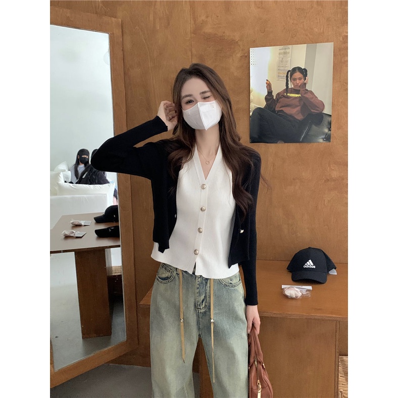 Áo cardigan Cổ Chữ v Tay Dài Giả Hai Lớp Màu Sắc Tương Phản Thời Trang Mùa Thu Cho Nữ