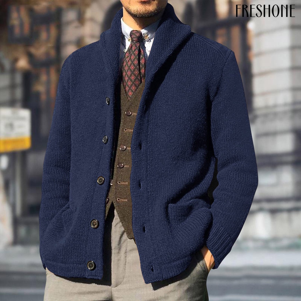 Áo Khoác cardigan Dệt Kim Dày Dặn Tay Dài Có Túi Màu Trơn Cài Nút Thời Trang Thu Đông Đường Phố Cho Nam