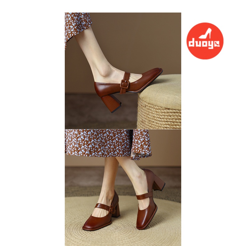 Nhà máy duoya tóc thẳng ~  giày đơn nữ bơm gót dày giày cao gót màu nâu dây đeo phẳng giày mary jane miễn phí vận chuyển
