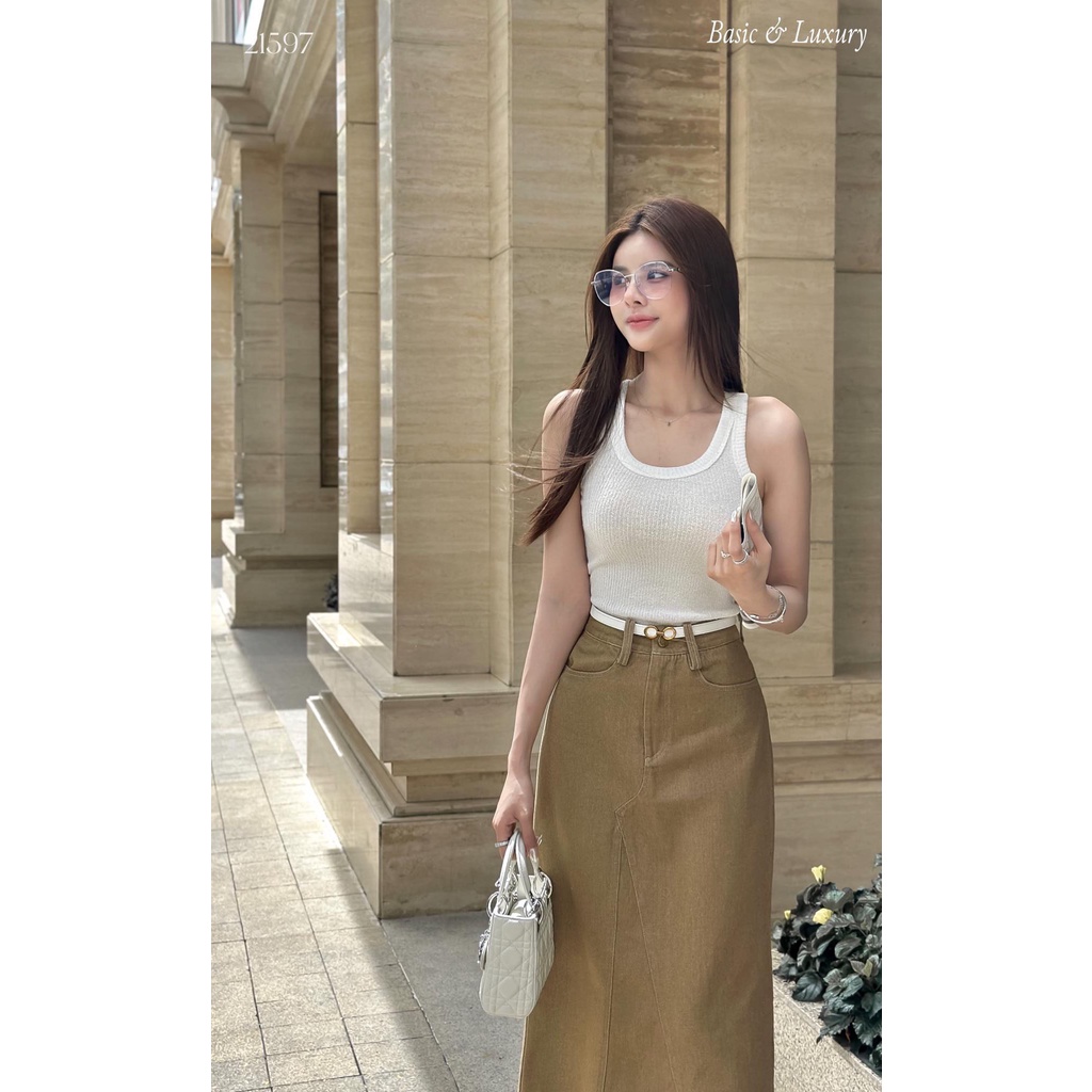 Set Chân Váy Kaki nâu cạp cao kèm đai áo ba lỗ trắng body siêu tôn da hàng QC cao cấp
