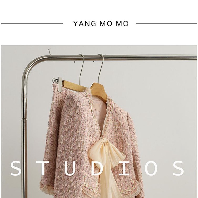 Bộ Áo Khoác cardigan Thắt Nơ Phối Chân Váy Vải tweed Màu Hồng Phong Cách Pháp Thời Trang Mùa Thu Mới