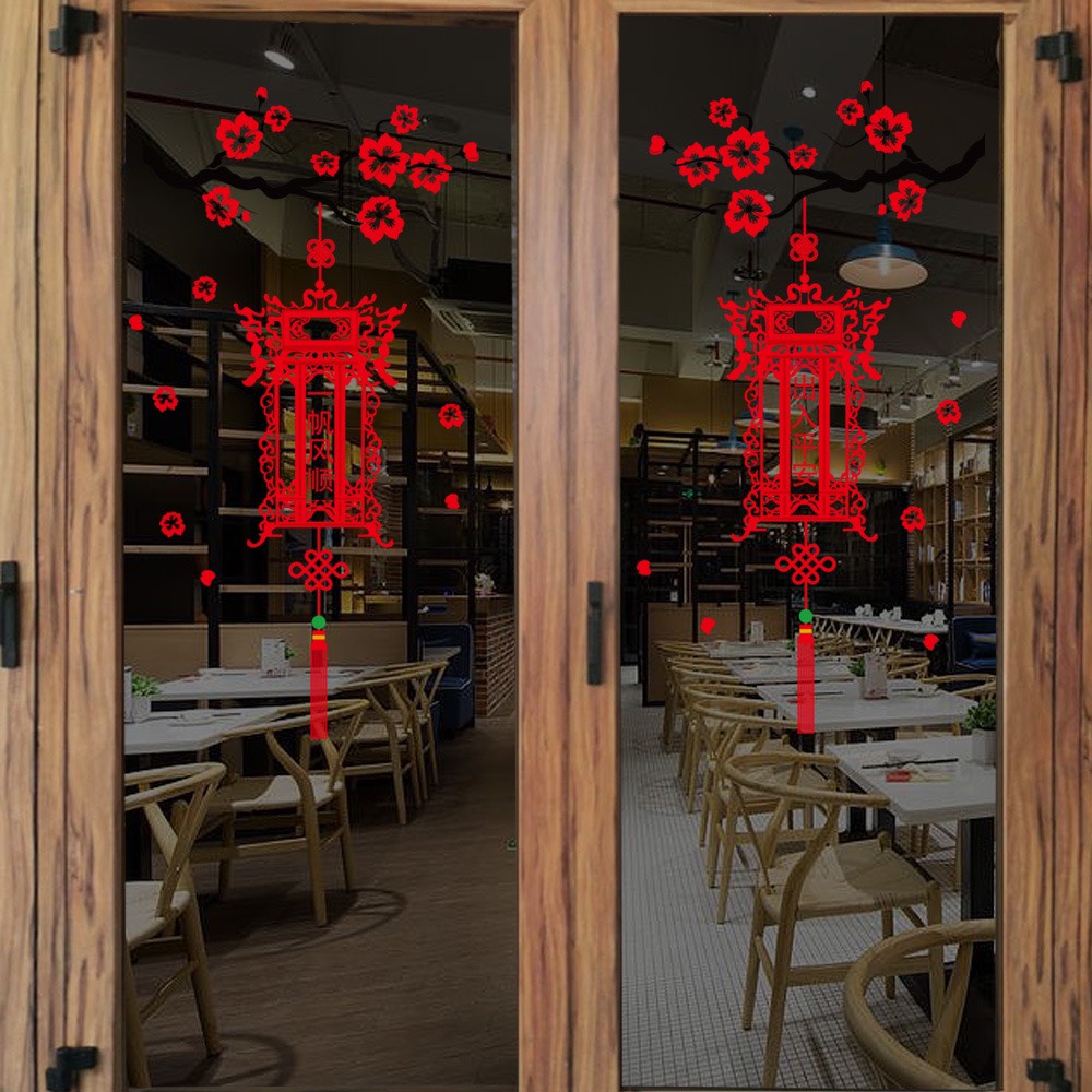 DECAL NOEL - Dán Kính Cây Mai và Đèn Lồng In Sắc Nét