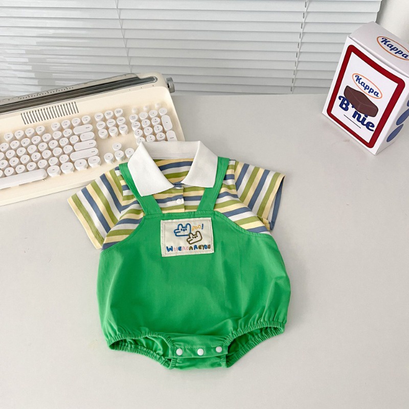 Bộ Áo Liền Quần Bằng cotton Tay Ngắn Họa Tiết Kẻ Sọc Hoạt Hình Dễ Thương Thời Trang Mùa Hè Cho Bé Trai Và Gái 0-2