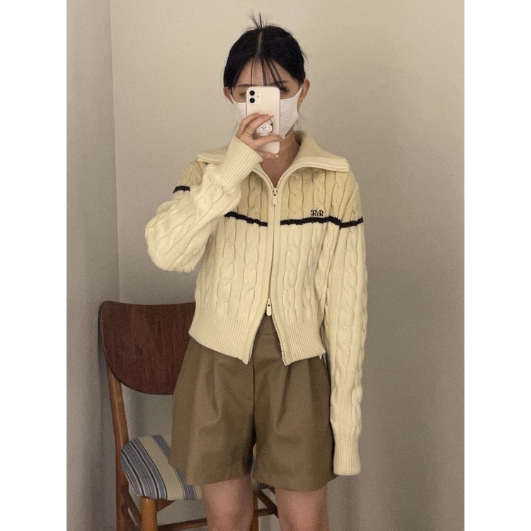 Áo sweater Dệt Kim Cổ Cao Xoắn Đôi Khóa Kéo Màu Tương Phản Ấm Áp Mùa Thu Đông Cho Nữ