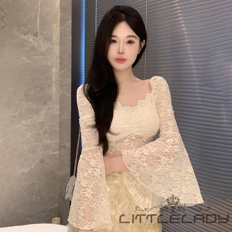 Áo Croptop Ren Hoa Tay Dài Cổ Vuông Thời Trang Cho Nữ