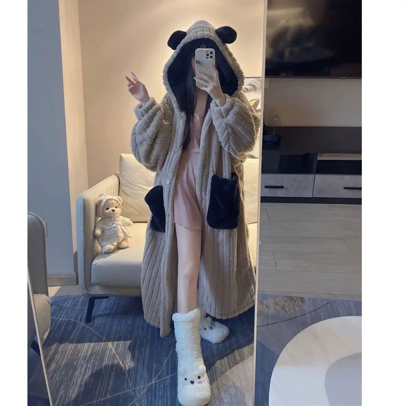 Áo Choàng Ngủ Dáng Dài Bằng Vải Lông Cừu San Hô Có Mũ Trùm Thời Trang Thu Đông Cho Nữ