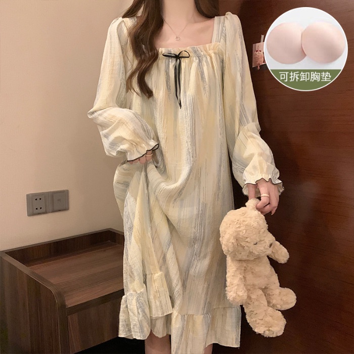 Đầm Ngủ cotton Nhăn Tay Dài Có Đệm Ngực Tháo Rời Được Phong Cách Công Chúa Phong Cách Mùa Thu Mới