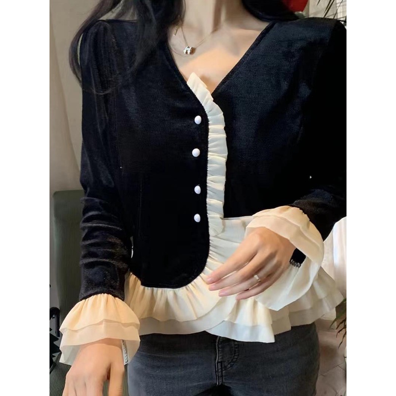 Áo Sơ Mi Nhung Phối Ren Bèo Phong Cách vintage