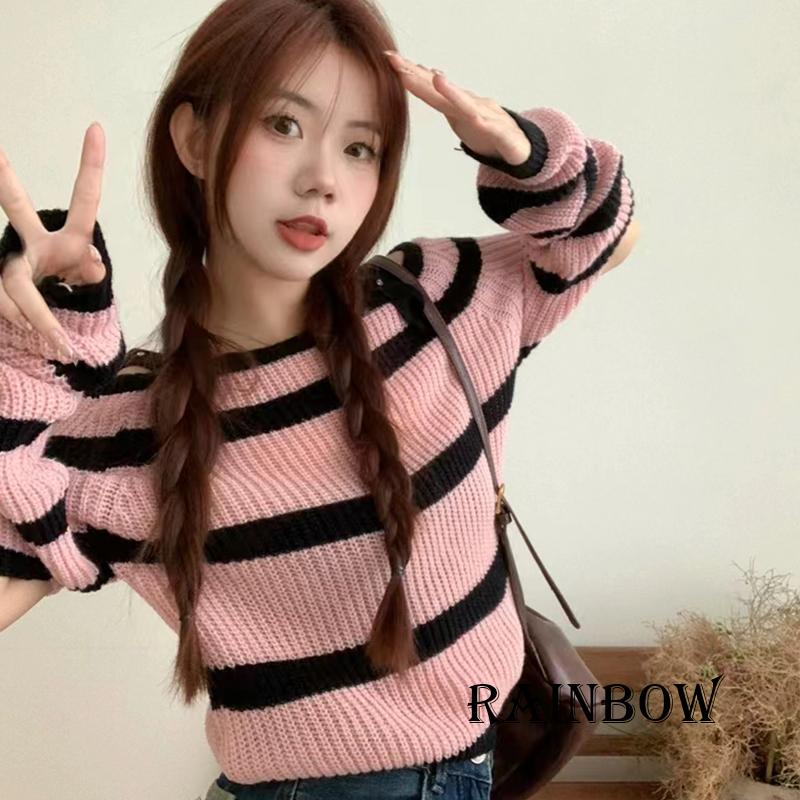 Áo Sweater Trễ Vai Tay Dài Hoạ Tiết Kẻ Sọc Cầu Vồng