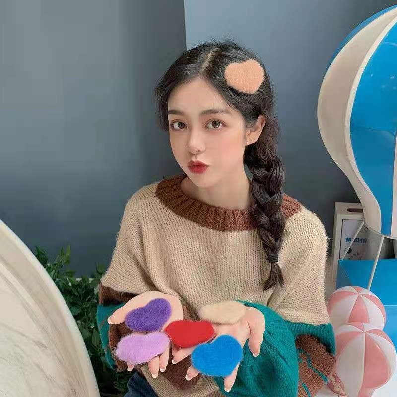 Kẹp Tóc bb Hình Trái Tim / Ngôi Sao Phủ Lông Mềm Mại Phong Cách Hàn Quốc Dễ Thương Cho Nữ