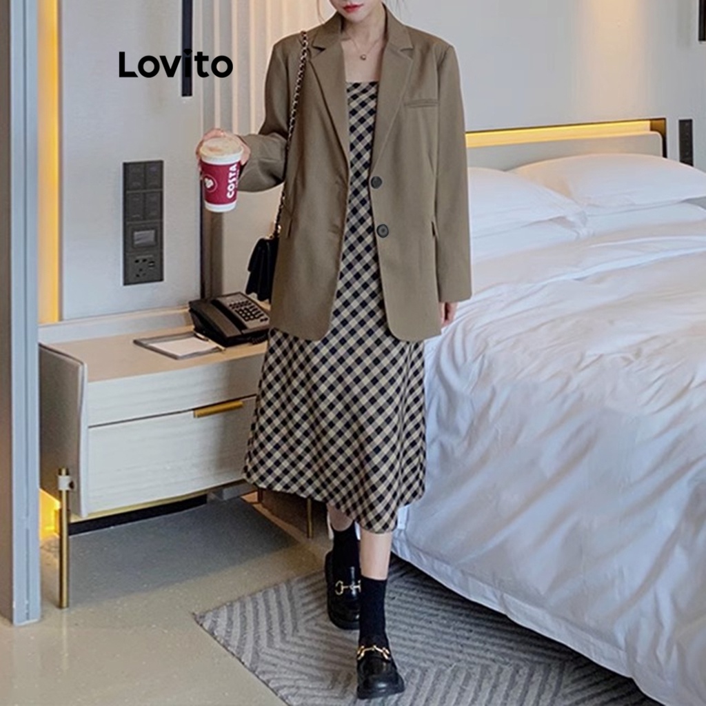 Áo blazer Lovito cài nút trước màu trơn thường ngày cho nữ LNE21208