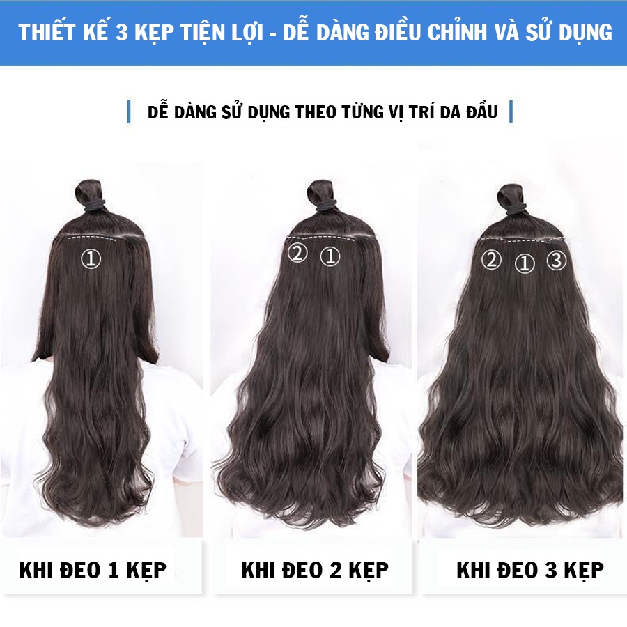 50cm Tóc giả kẹp xoăn sóng làm dày tóc, combo 3 dải kẹp, sợi tơ cao cấp mềm đẹp