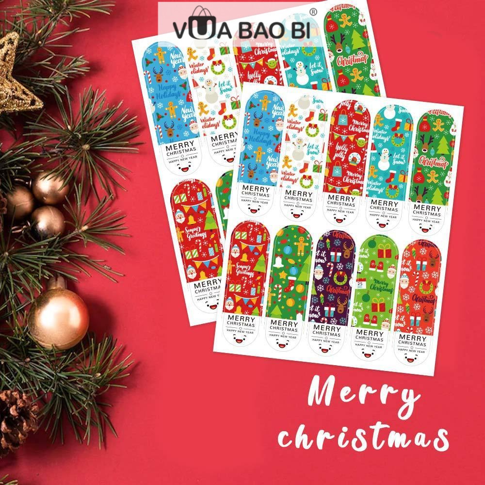 Sticker decal mẫu Noel rực rỡ TE33 100 cái 2x7cm sticker Noel tem nhãn dán hộp túi quà tặng, niêm phong bao bì decor