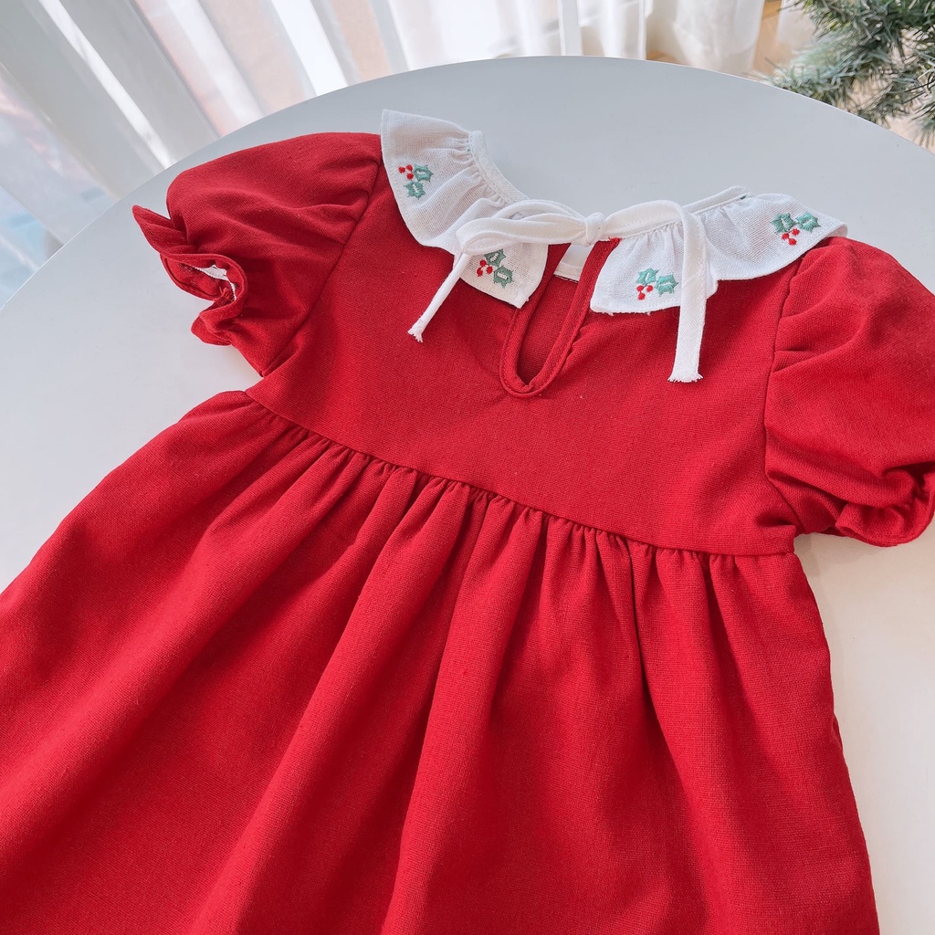 Váy NOEL bé gái  NRA19 babydoll chất linen xanh,đỏ phối thêu cổ Ngò Rí Store
