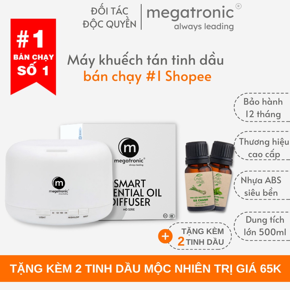 Máy khuếch tán tinh dầu siêu âm Megatronic MD6 Pro 500ml, máy xông tinh dầu, tinh dầu 100ml