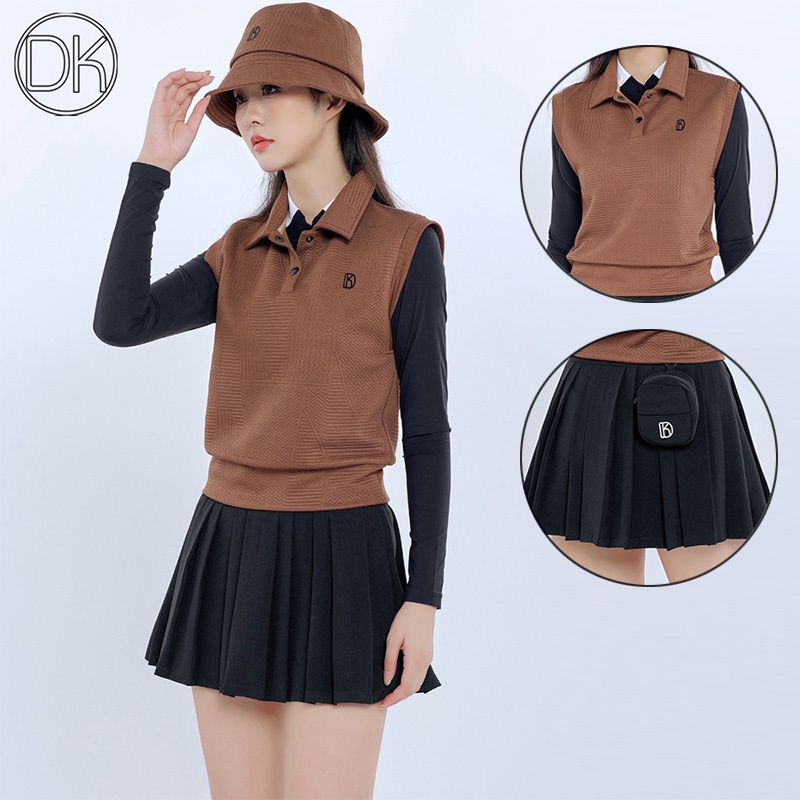 Dk Áo vest Dệt Kim Giữ Ấm Không Tay Xếp Ly Nhẹ Nhàng Lưng Cao Kèm Túi Nhỏ Cho Nữ Chơi golf Thể Thao Mùa Đông